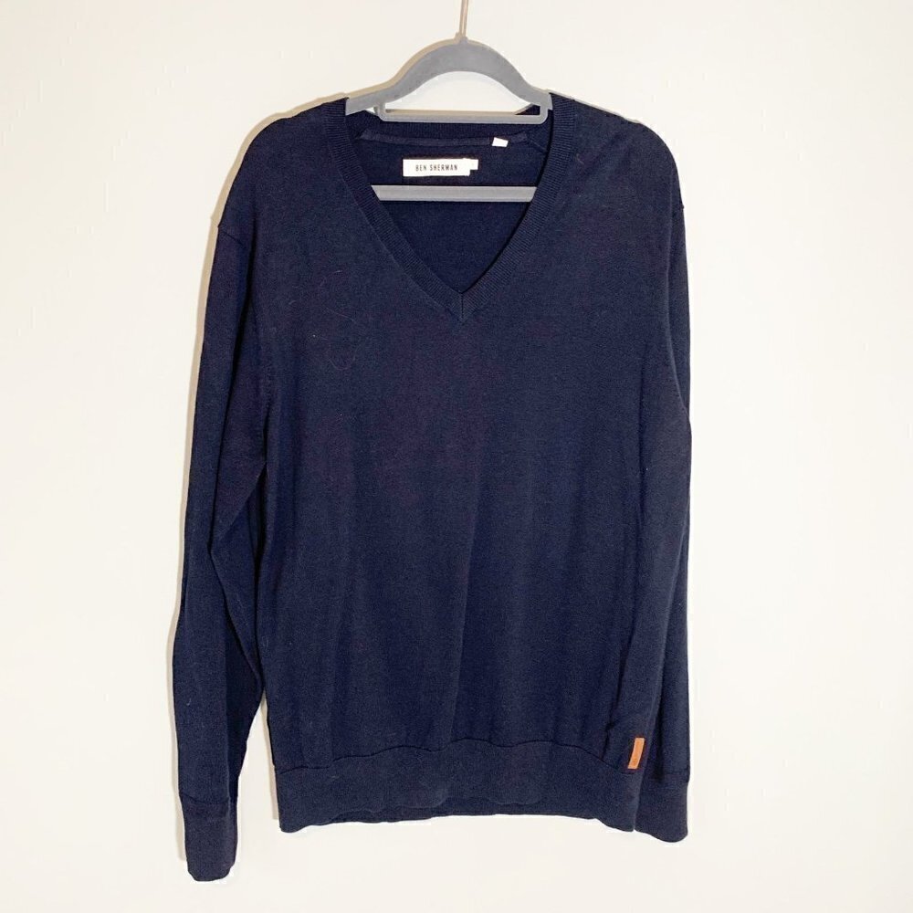 NWOT‎ Ben Sherman Mens Navy Blue 100% Cotton V-Neck Knit Sweater Large